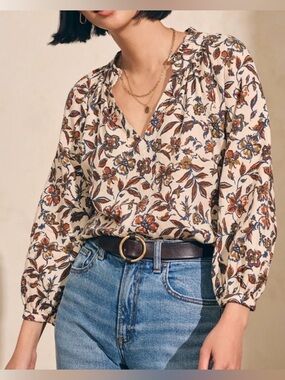 Faherty Floral Blouse Top Boho Linen Blend V Neck Long Sleeve Size Large